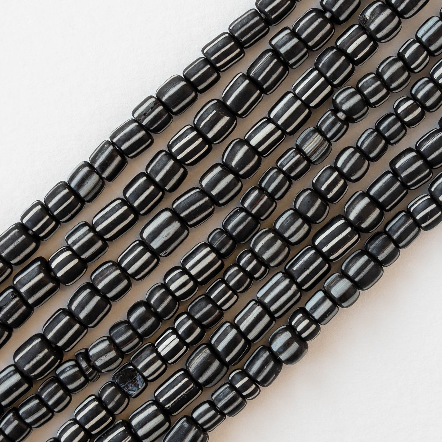 Glass Java Beads - Opaque Black and White Striped - Whole or Half Strand