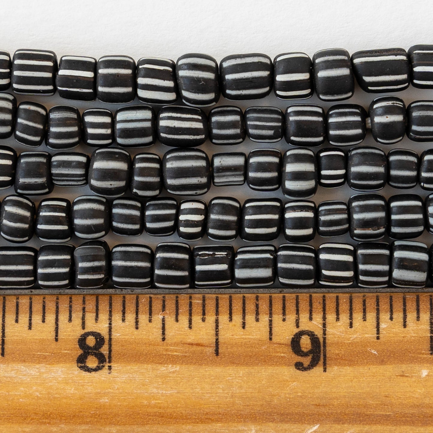 Glass Java Beads - Opaque Black and White Striped - Whole or Half Strand