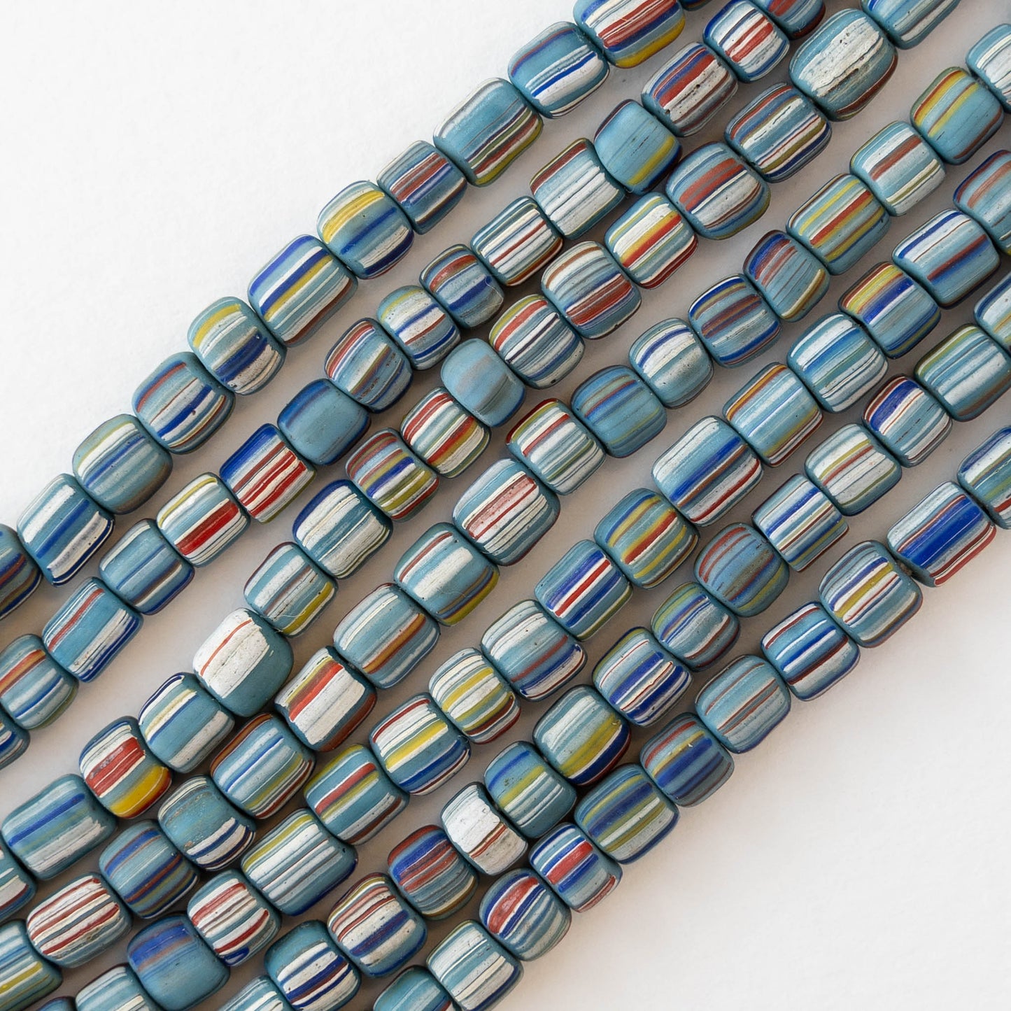 Glass Java Beads - Opaque Blue with Colorful Stripes - Whole or Half Strand