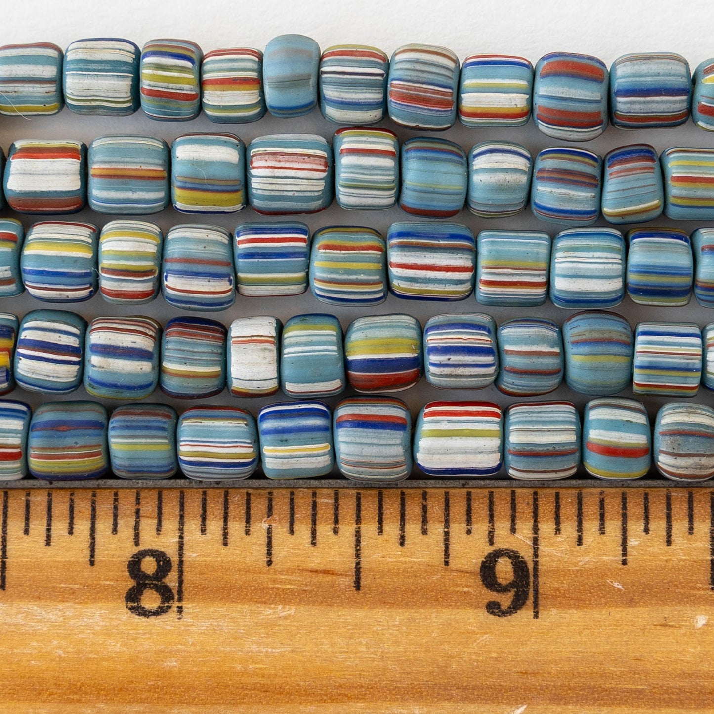 Glass Java Beads - Opaque Blue with Colorful Stripes - Whole or Half Strand
