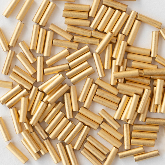 6mm Glass Bugle Beads - Matte 24k Gold Plated - 2.5 grams ~100 beads