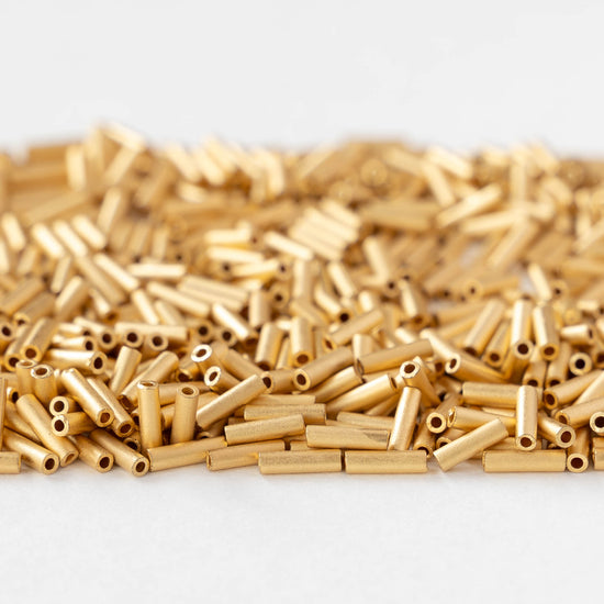 6mm Glass Bugle Beads - Matte 24k Gold Plated - 2.5 grams ~100 beads