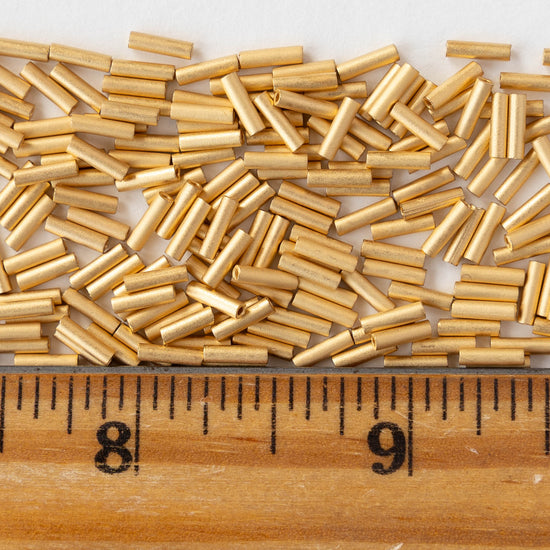 6mm Glass Bugle Beads - Matte 24k Gold Plated - 2.5 grams ~100 beads