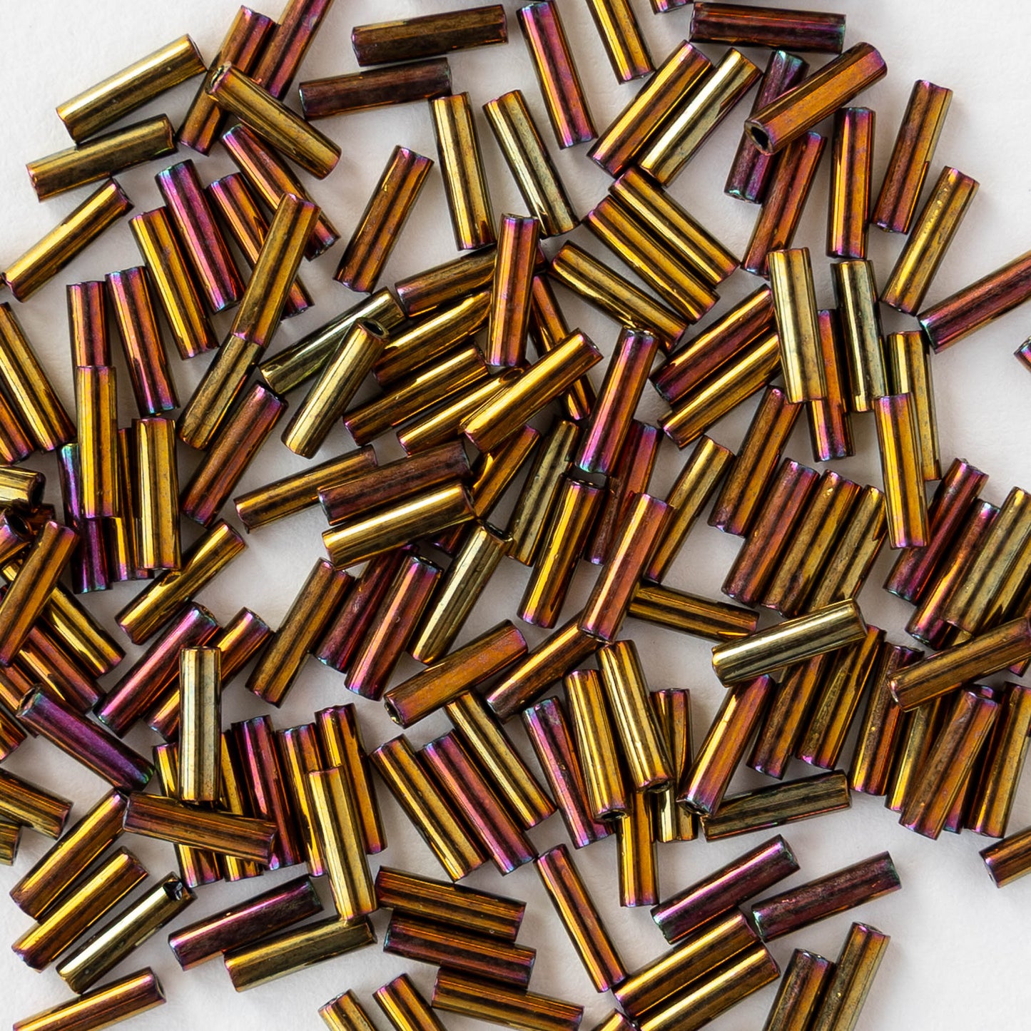 6mm Glass Bugle Beads - Metallic Gold Iris - 5 or 15 grams