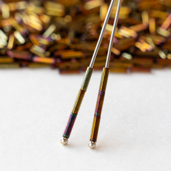 6mm Glass Bugle Beads - Metallic Gold Iris - 5 or 15 grams