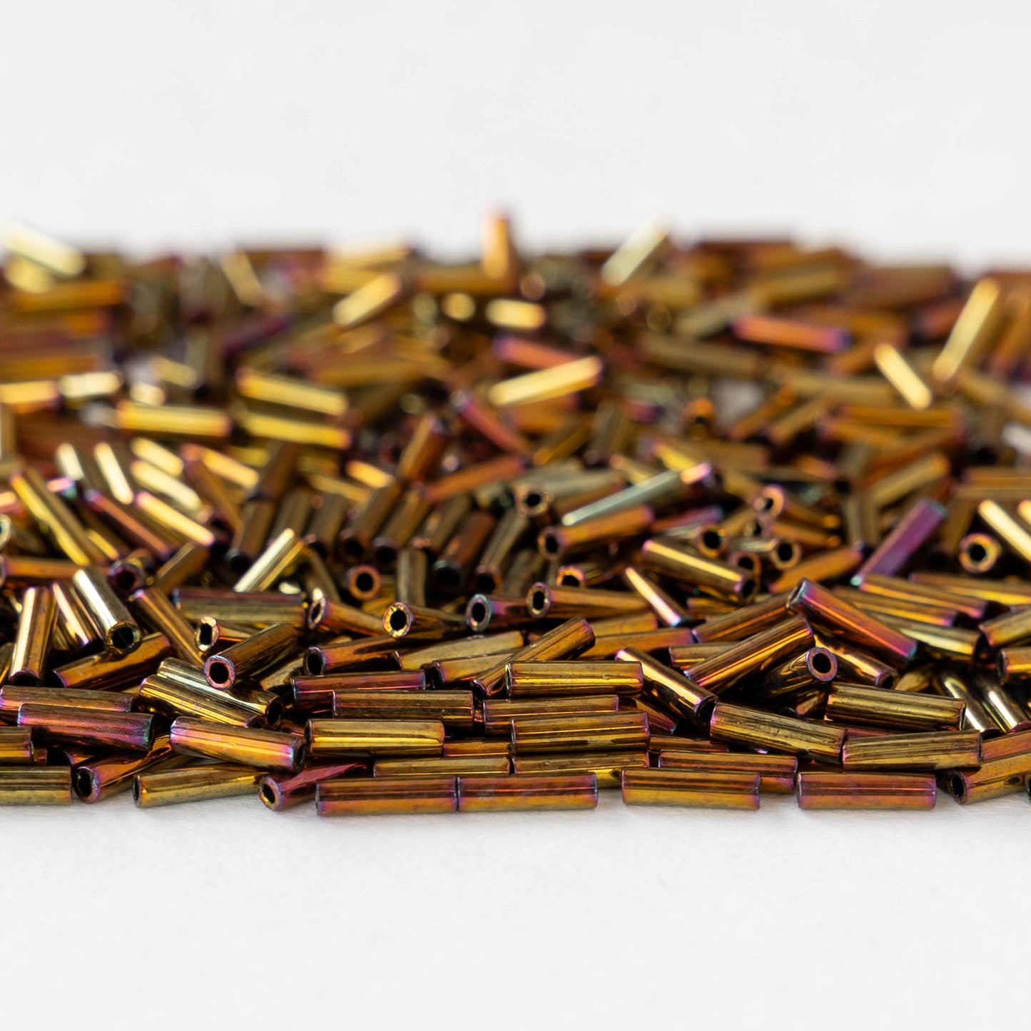 6mm Glass Bugle Beads - Metallic Gold Iris - 5 or 15 grams