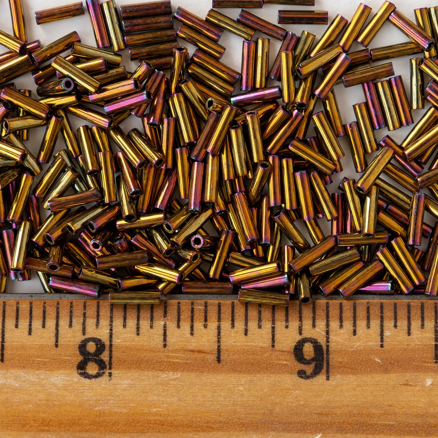 6mm Glass Bugle Beads - Metallic Gold Iris - 5 or 15 grams
