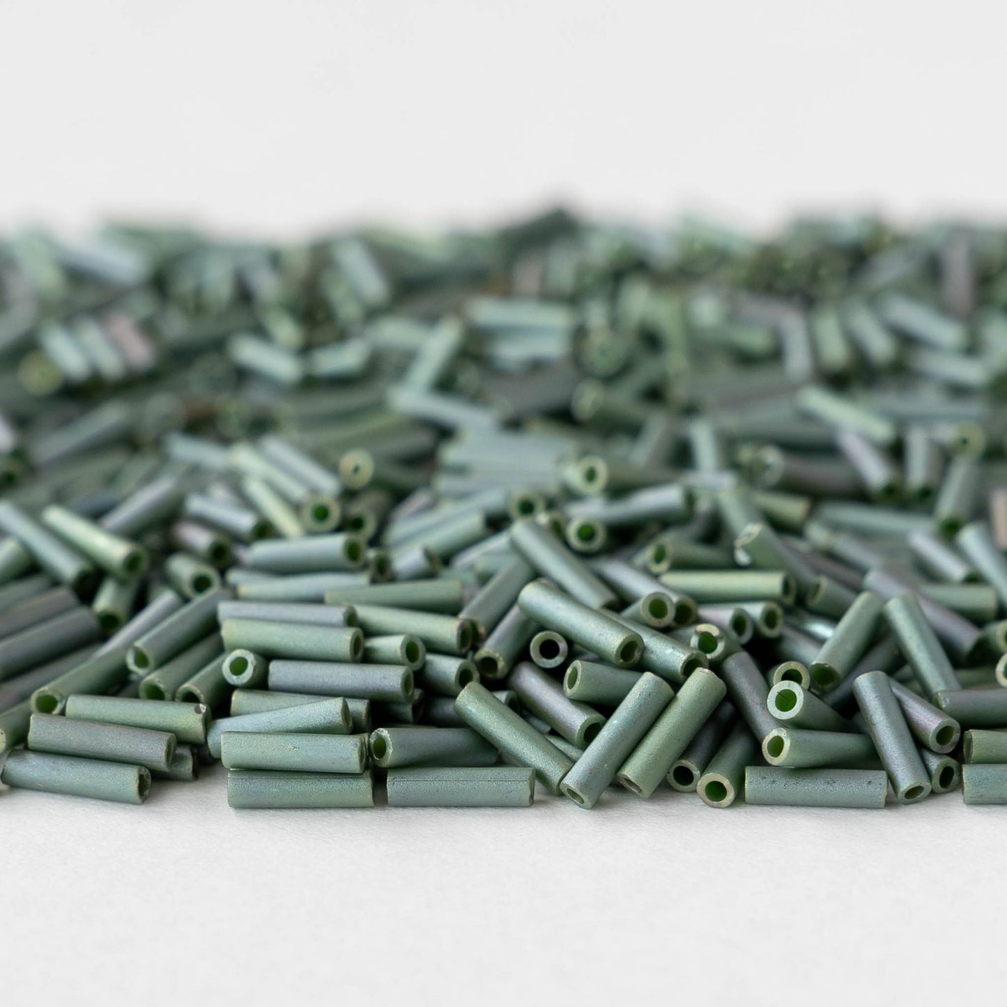 6mm Glass Bugle Beads - Metallic Sage Green Luster Matte - 10 grams