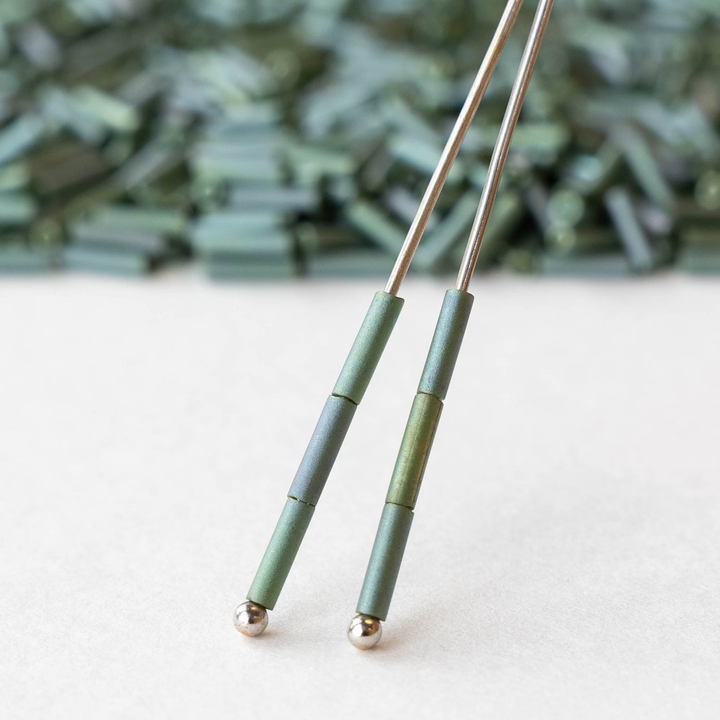 6mm Glass Bugle Beads - Metallic Sage Green Luster Matte - 10 grams