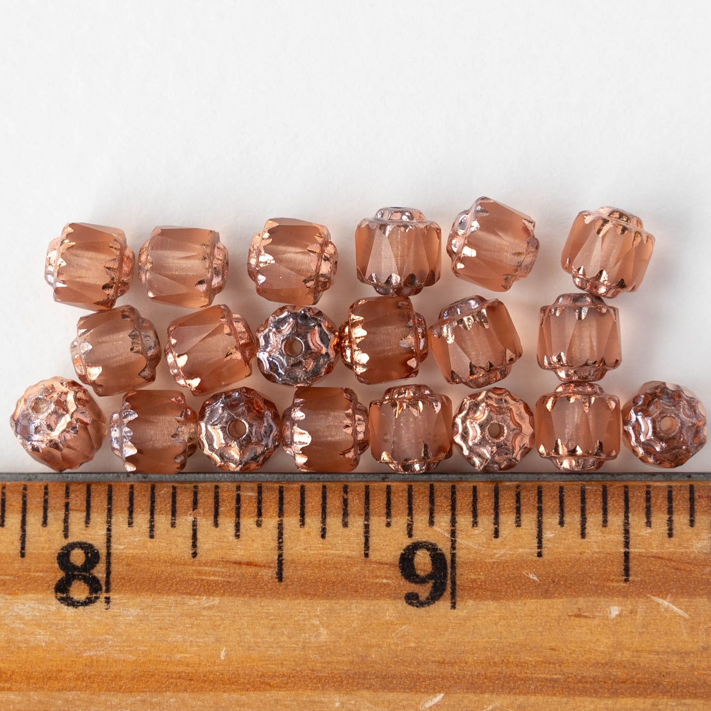 6mm Cathedral Tube - Peach with Copper Wash - 10 or 20 Beads