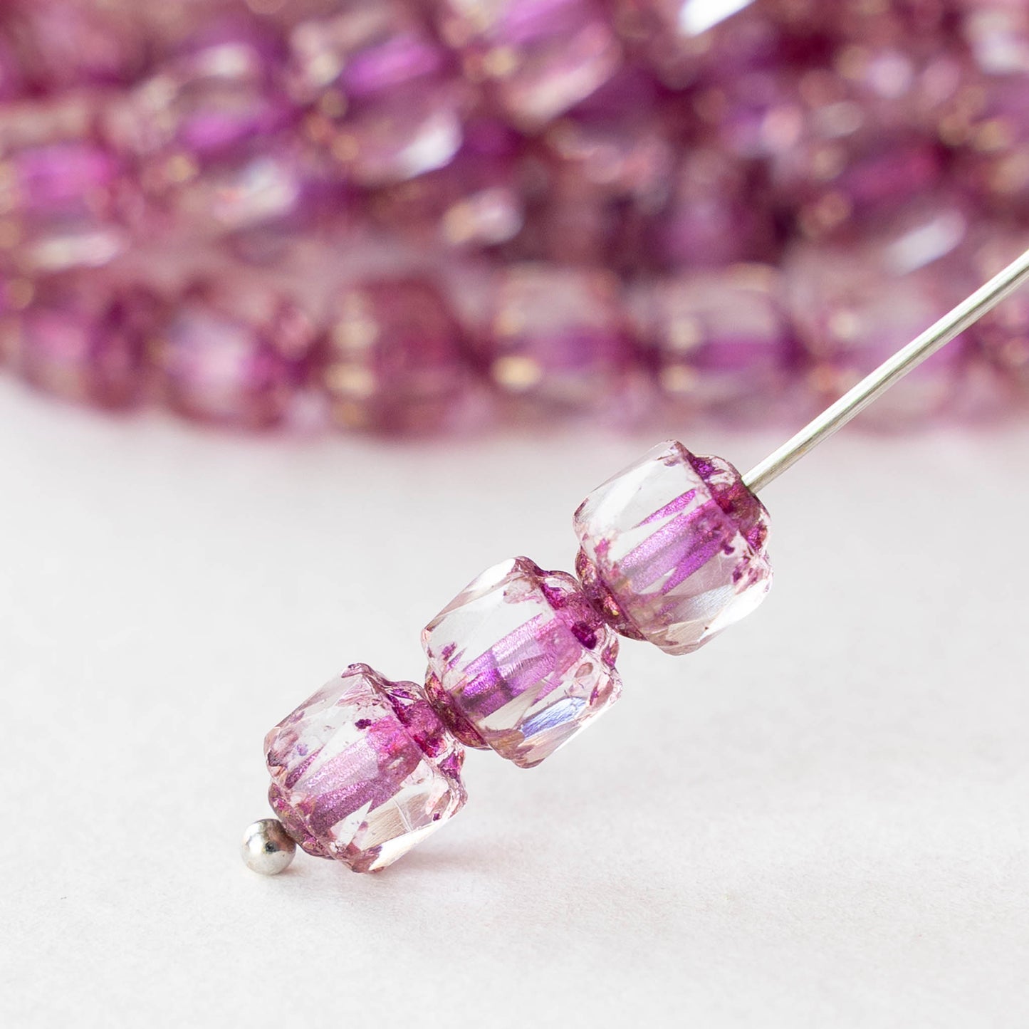 6mm Cathedral Tube - Pink Lined Crystal - 20 Beads