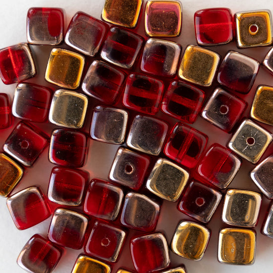 6mm Glass Cube Beads - Transparent Red with Gold Finish - 25 beads