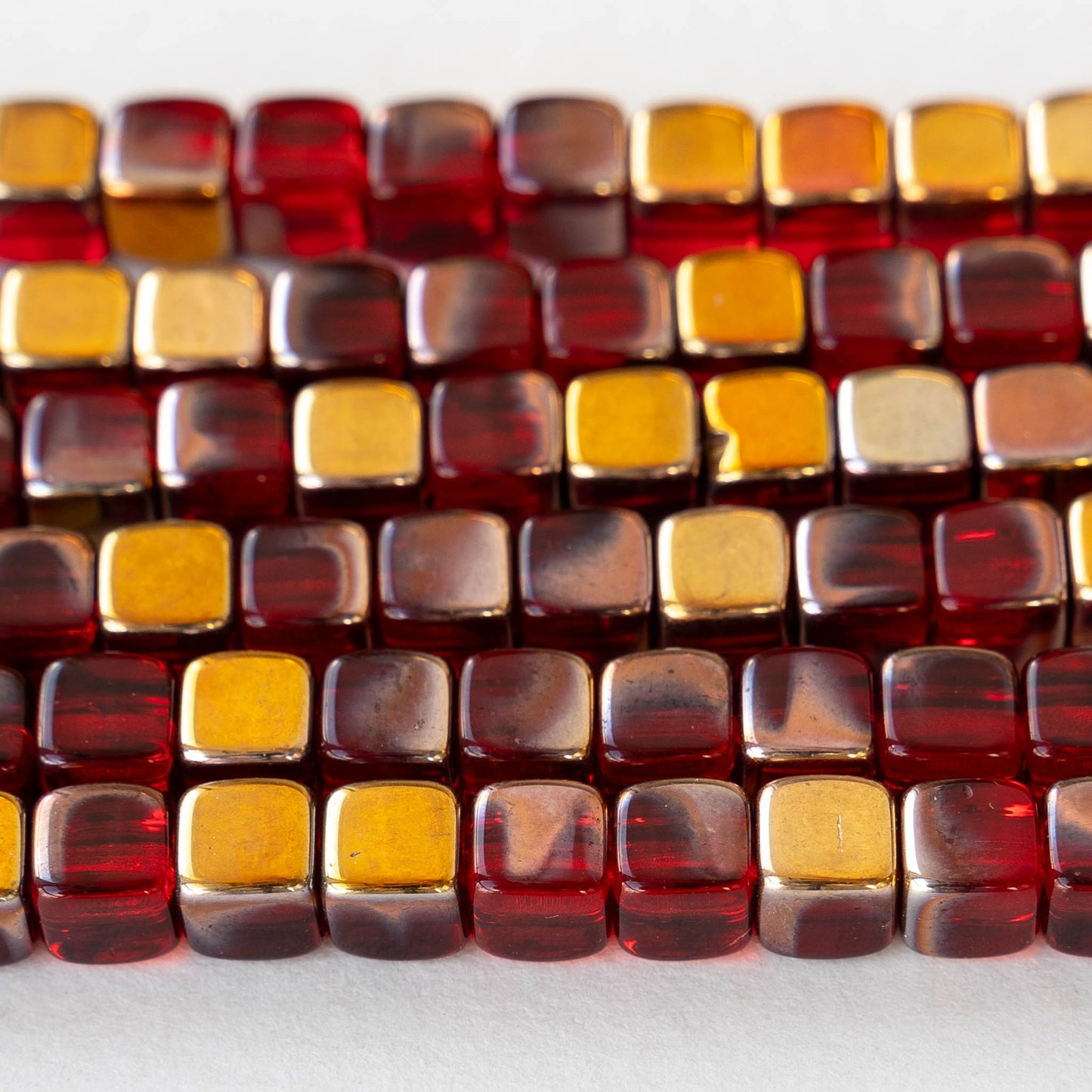 6mm Glass Cube Beads - Transparent Red with Gold Finish - 25 beads