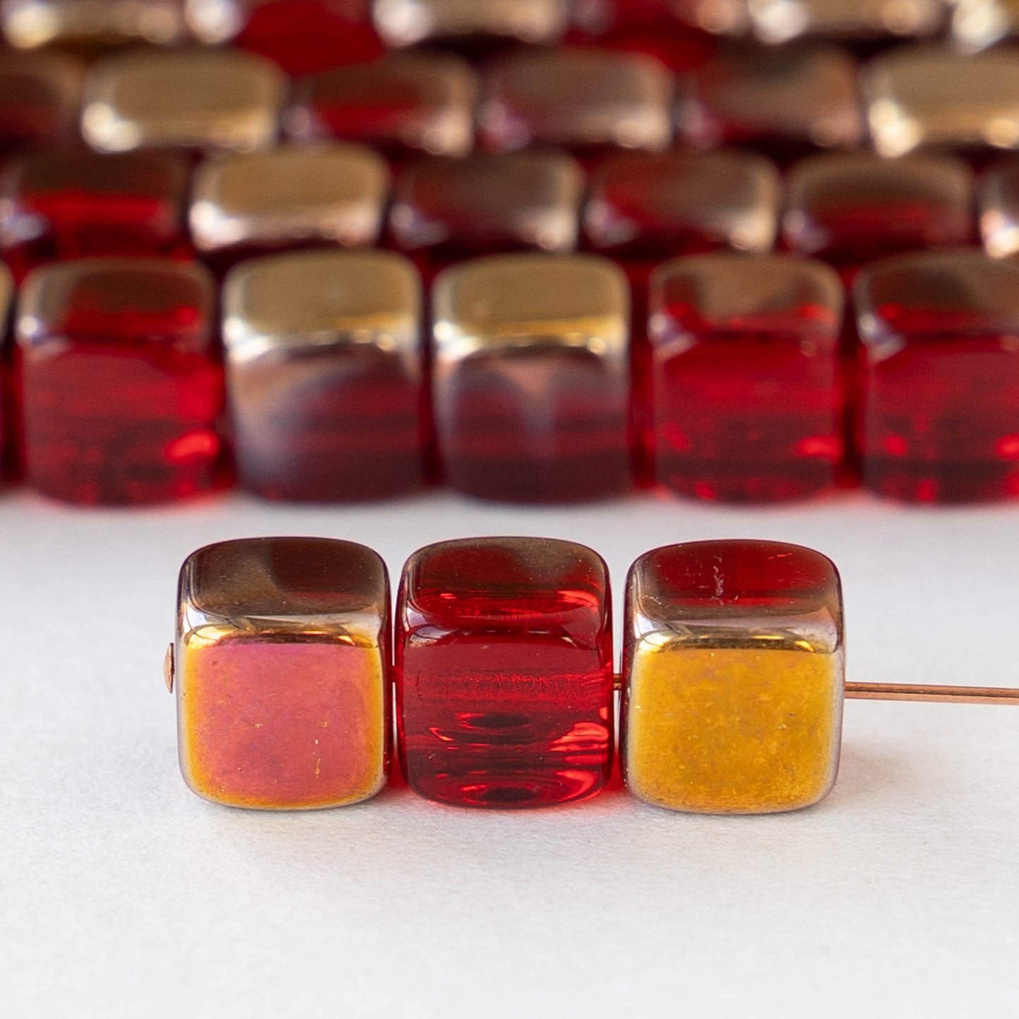 6mm Glass Cube Beads - Transparent Red with Gold Finish - 25 beads