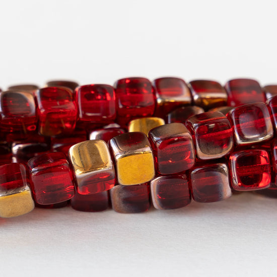 6mm Glass Cube Beads - Transparent Red with Gold Finish - 25 beads