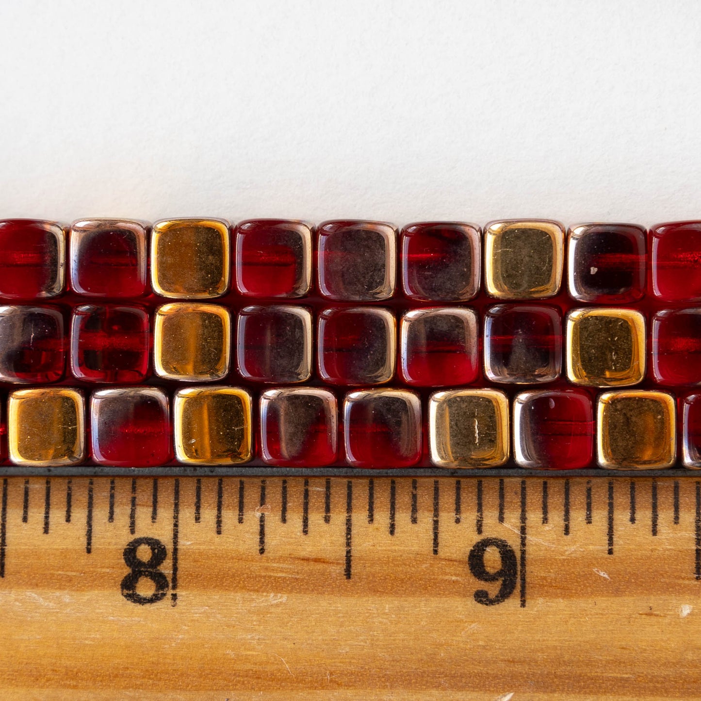 6mm Glass Cube Beads - Transparent Red with Gold Finish - 25 beads