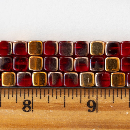 6mm Glass Cube Beads - Transparent Red with Gold Finish - 25 beads