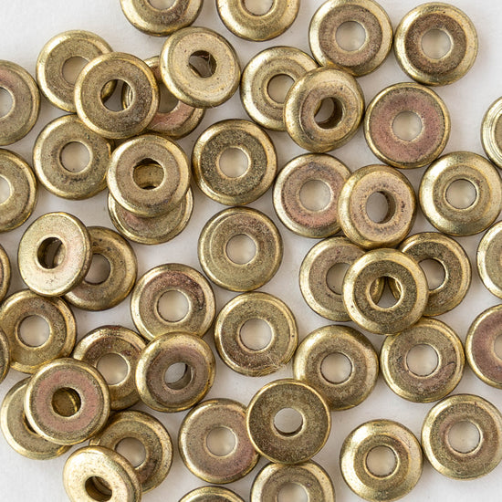 6mm Metal Disk Beads - Antique Brass - 3 inch strand ~40 beads