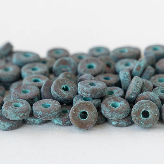 6mm Mykonos Metal Spacer Disk Beads - Green Patina - 25 Beads