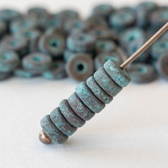 6mm Mykonos Metal Spacer Disk Beads - Green Patina - 25 Beads