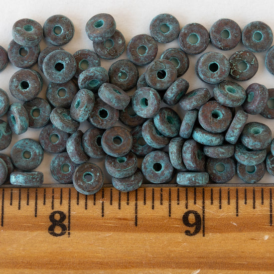 6mm Mykonos Metal Spacer Disk Beads - Green Patina - 25 Beads