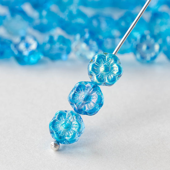 6mm Glass Flower Beads - Aqua Blue AB - 30 beads