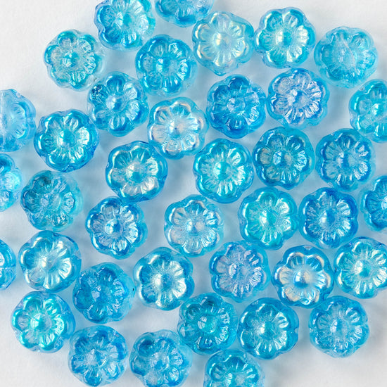 6mm Glass Flower Beads - Aqua AB - 30 Beads