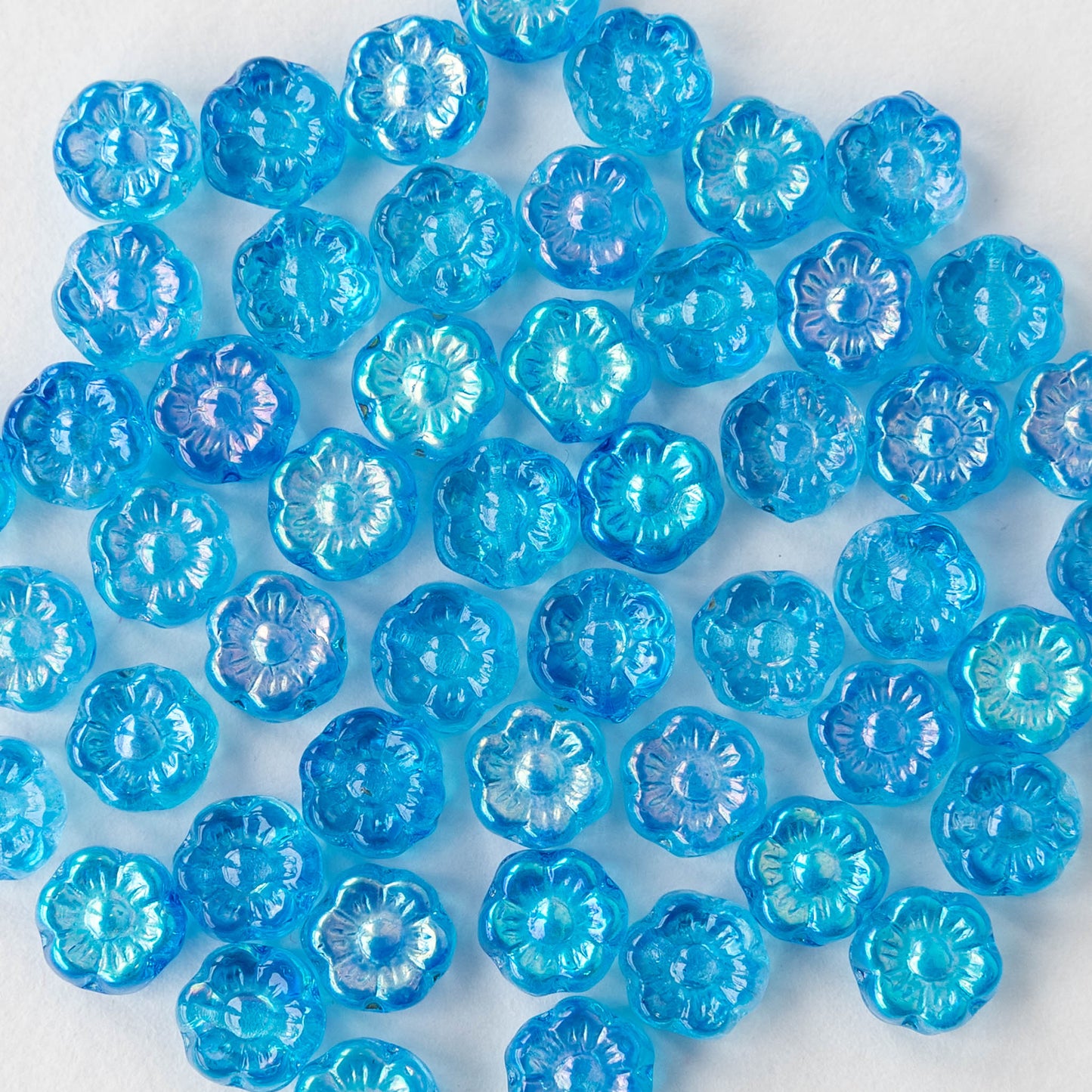 6mm Glass Flower Beads - Aqua Blue AB - 30 beads – funkyprettybeads