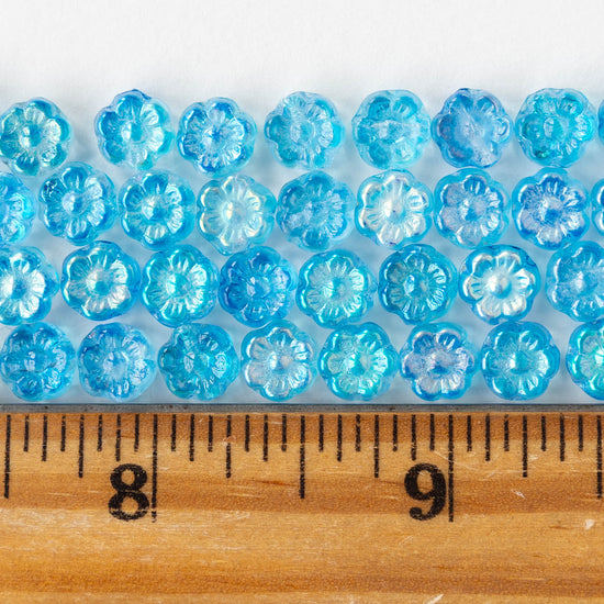6mm Glass Flower Beads - Aqua AB - 30 Beads