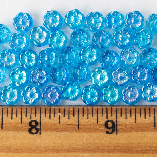 6mm Glass Flower Beads - Aqua Blue AB - 30 beads