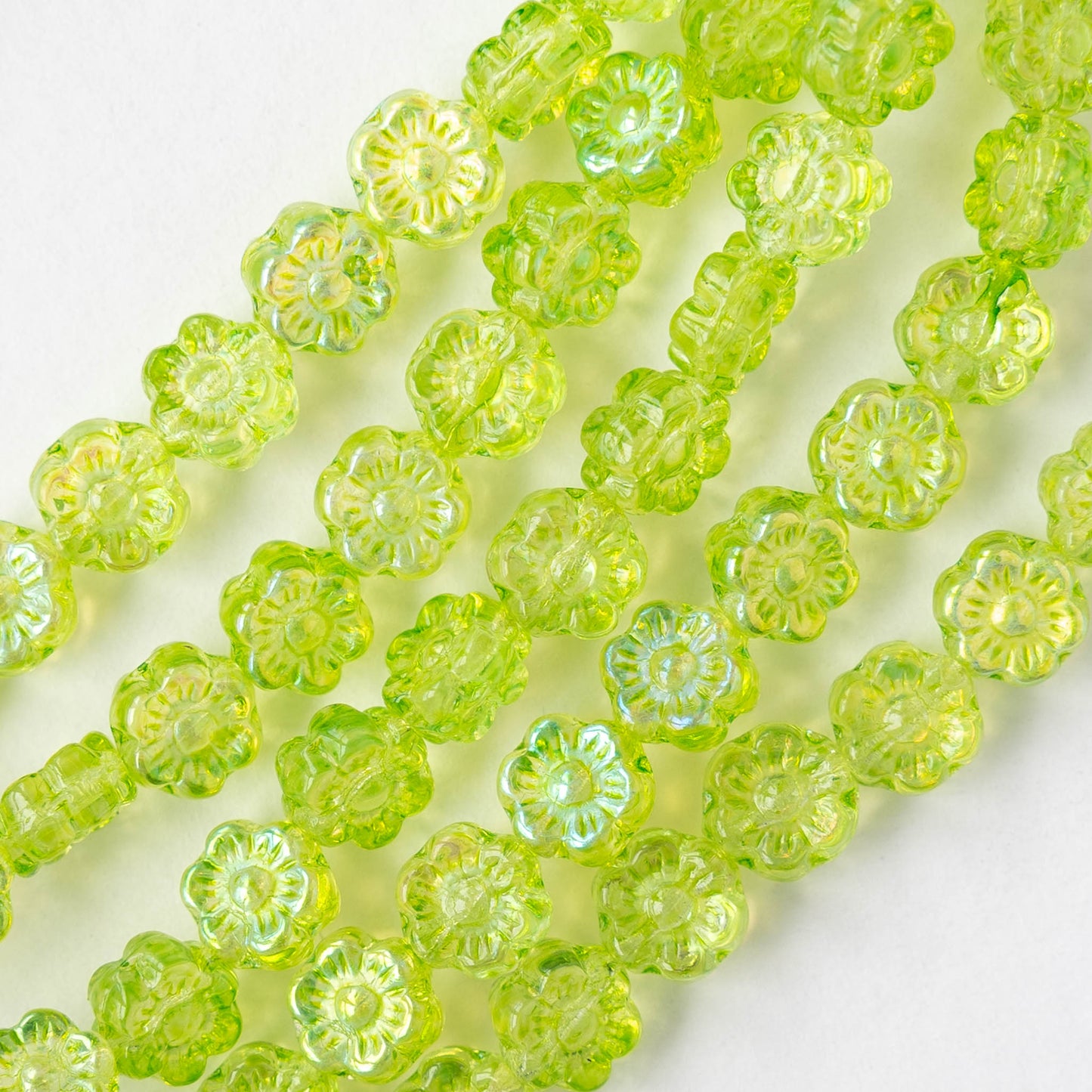 6mm Glass Flower Beads - Green AB - 30 Beads