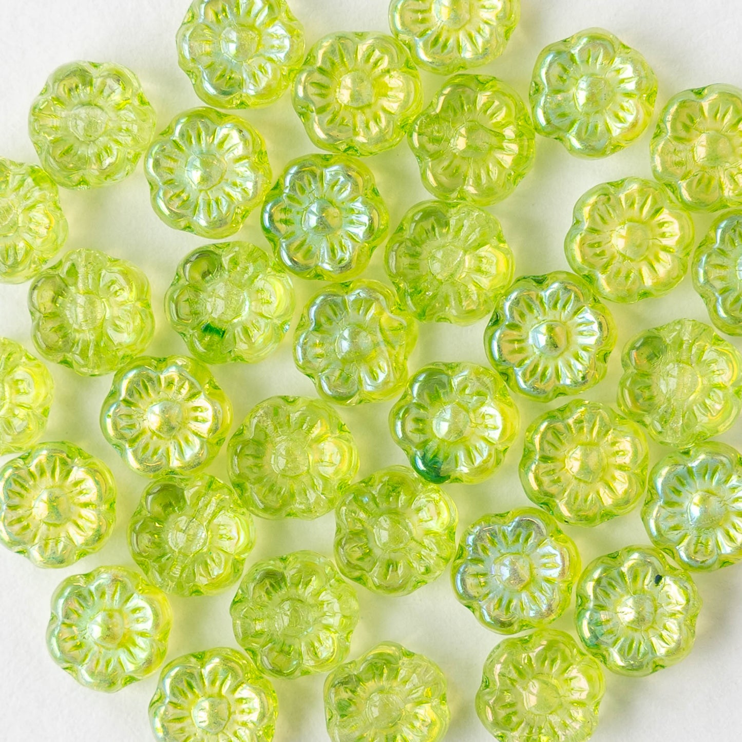 6mm Glass Flower Beads - Green AB - 30 Beads
