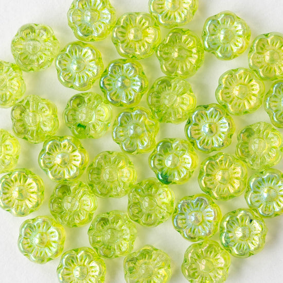 Load image into Gallery viewer, 6mm Glass Flower Beads - Green AB - 30 Beads
