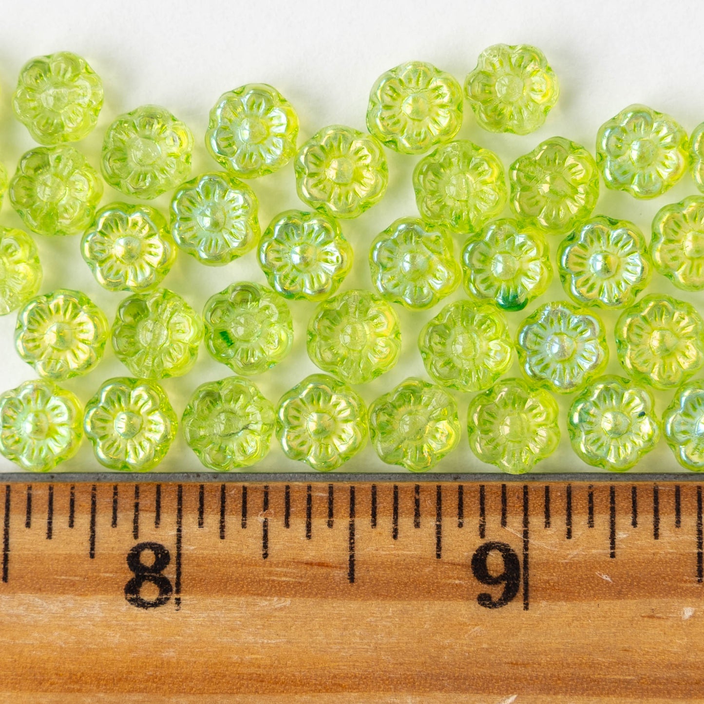 6mm Glass Flower Beads - Green AB - 30 Beads