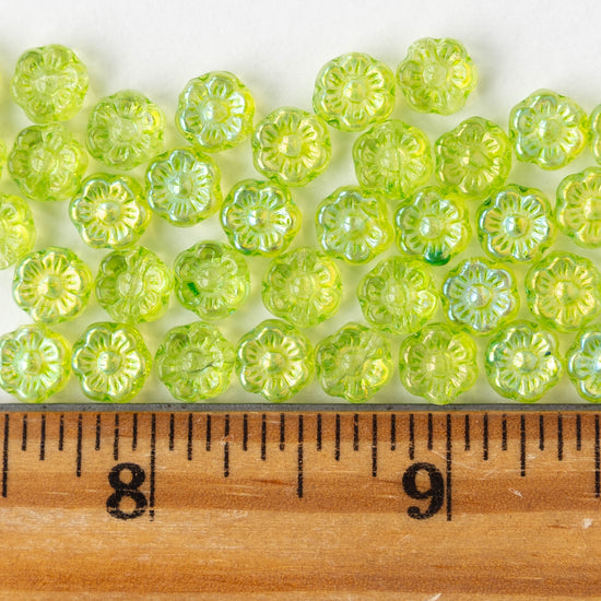 Load image into Gallery viewer, 6mm Glass Flower Beads - Green AB - 30 Beads
