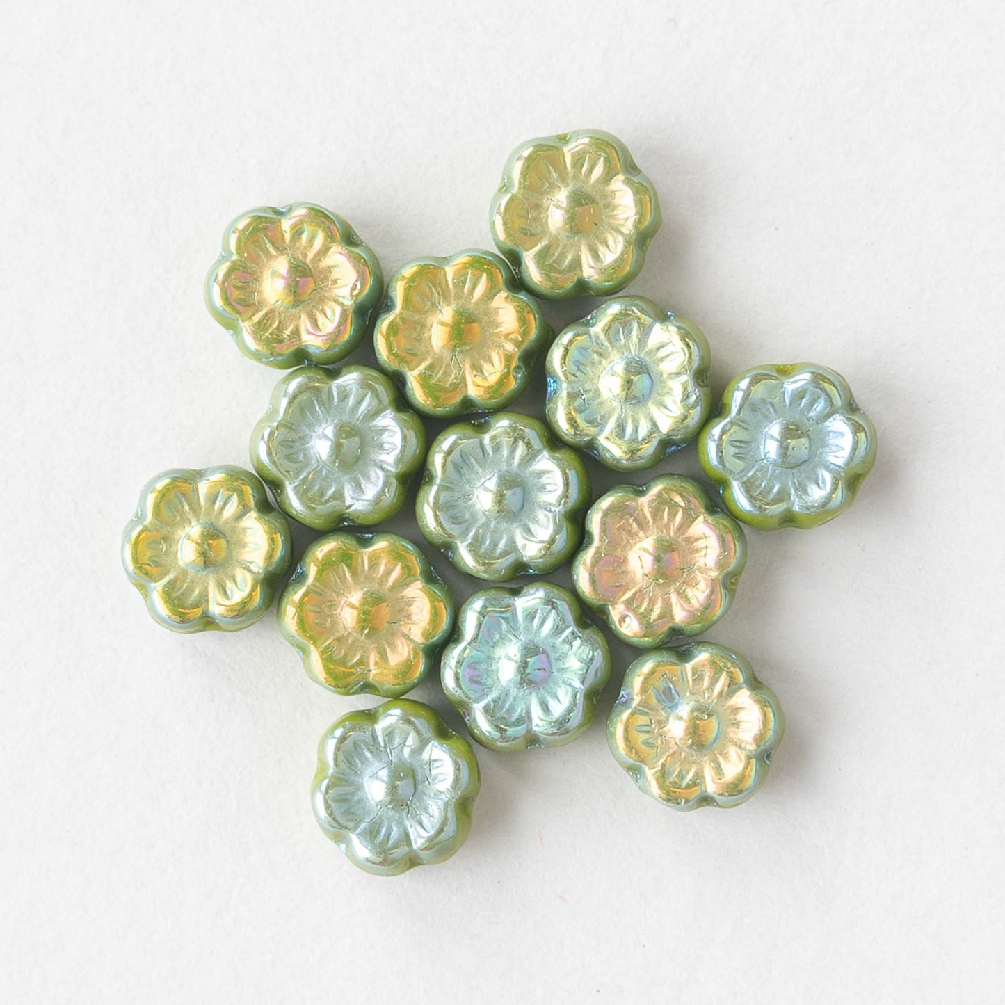 8mm Glass Flower Beads - Opaque Green AB Luster - 20 beads