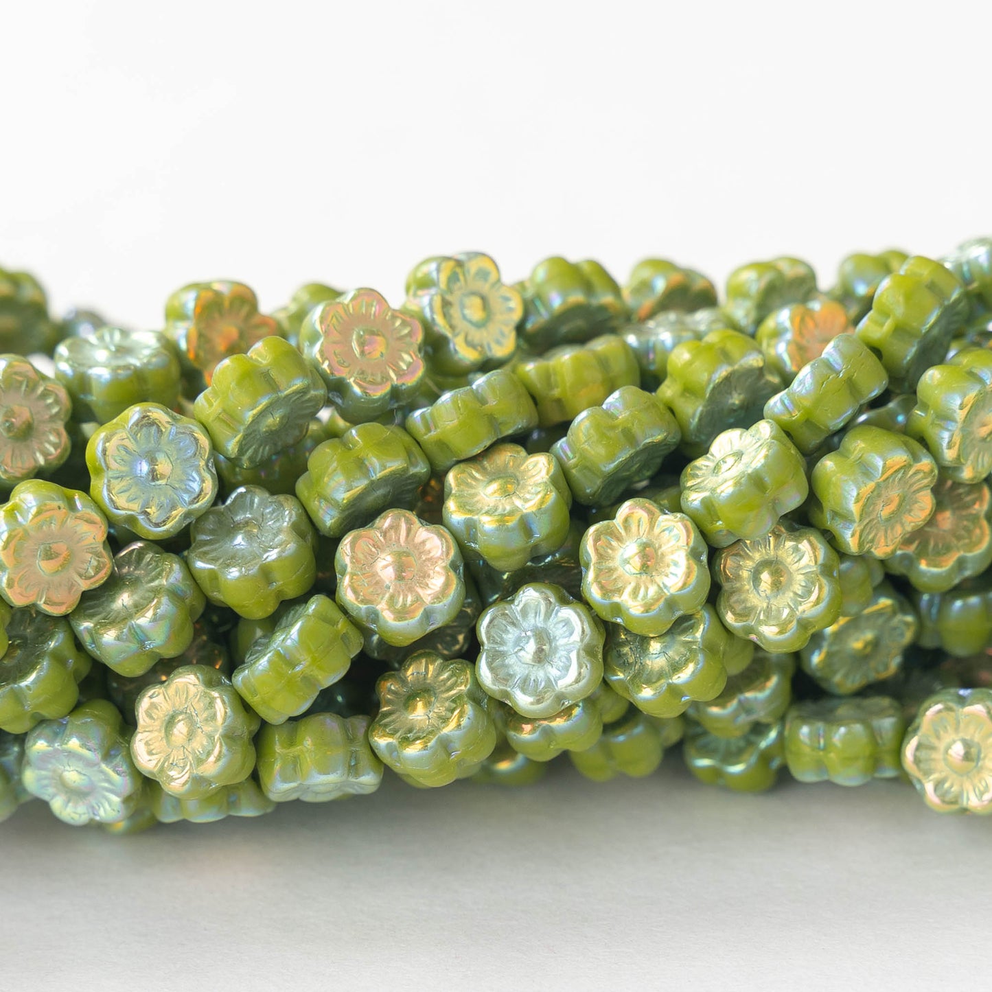 8mm Glass Flower Beads - Opaque Green AB Luster - 30 beads