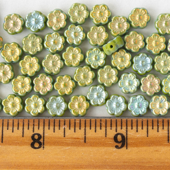 8mm Glass Flower Beads - Opaque Green AB Luster - 30 beads