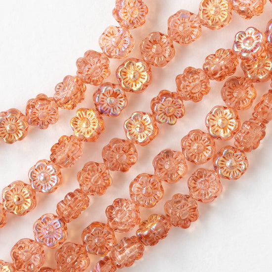 6mm Glass Flower Beads - Peach AB - 30 Beads