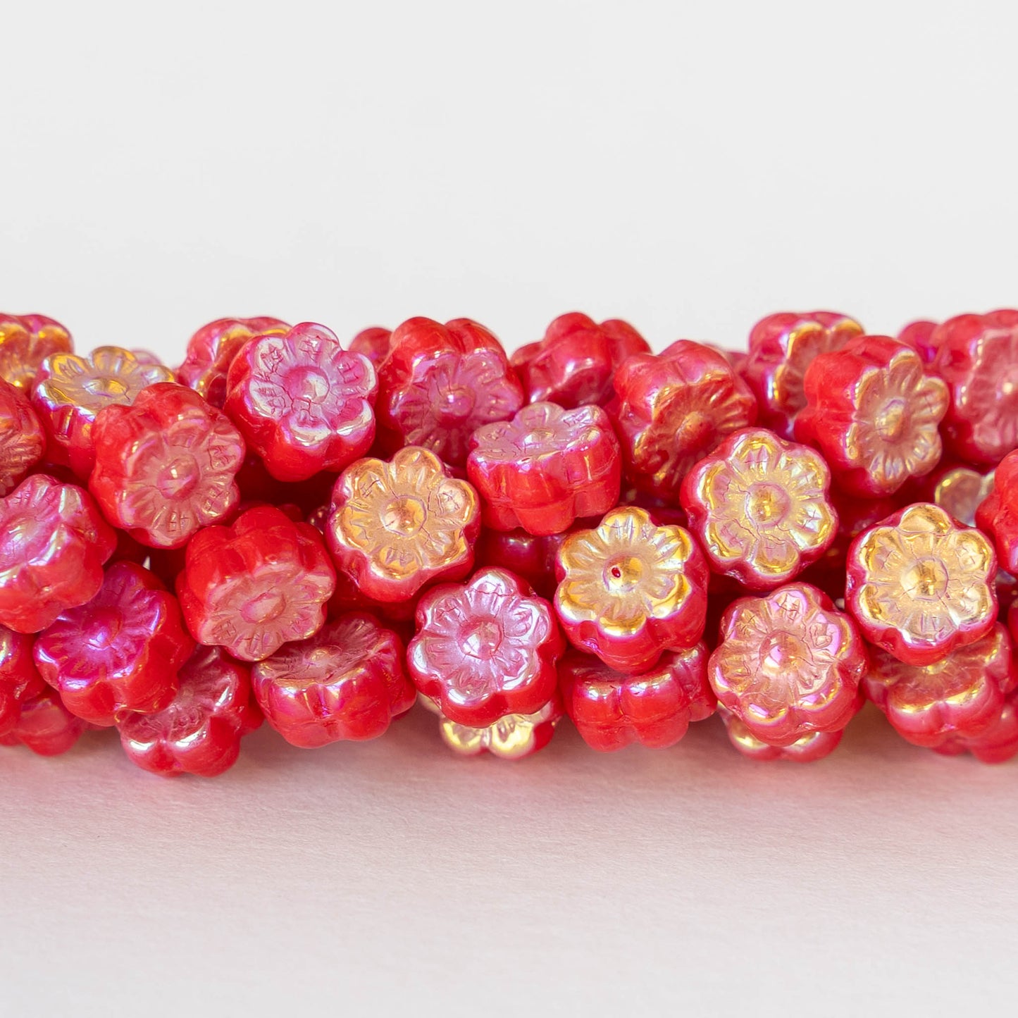 6mm Flower Beads - Opaque Red AB  - 30 beads