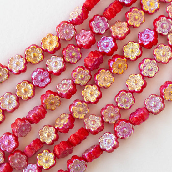6mm Flower Beads - Opaque Red AB  - 30 beads