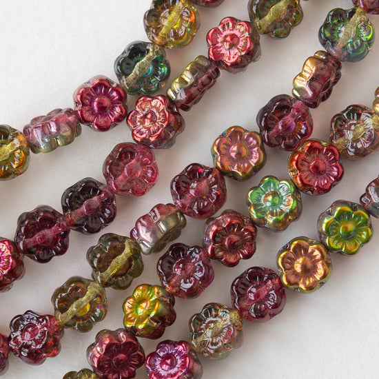 6mm Glass Flower Beads - Cranberry Red Iris - 30 beads