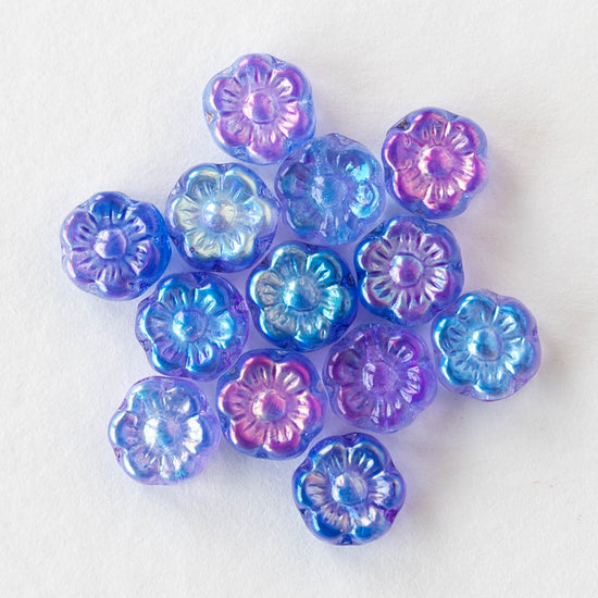 6mm Glass Flower Beads - Blue Purple AB - 30 beads