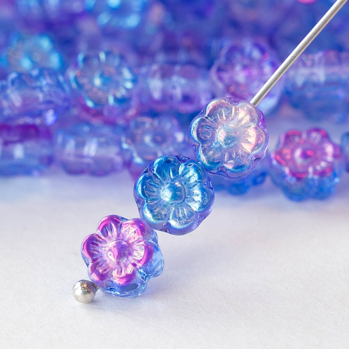 6mm Glass Flower Beads - Blue Purple AB - 30 beads