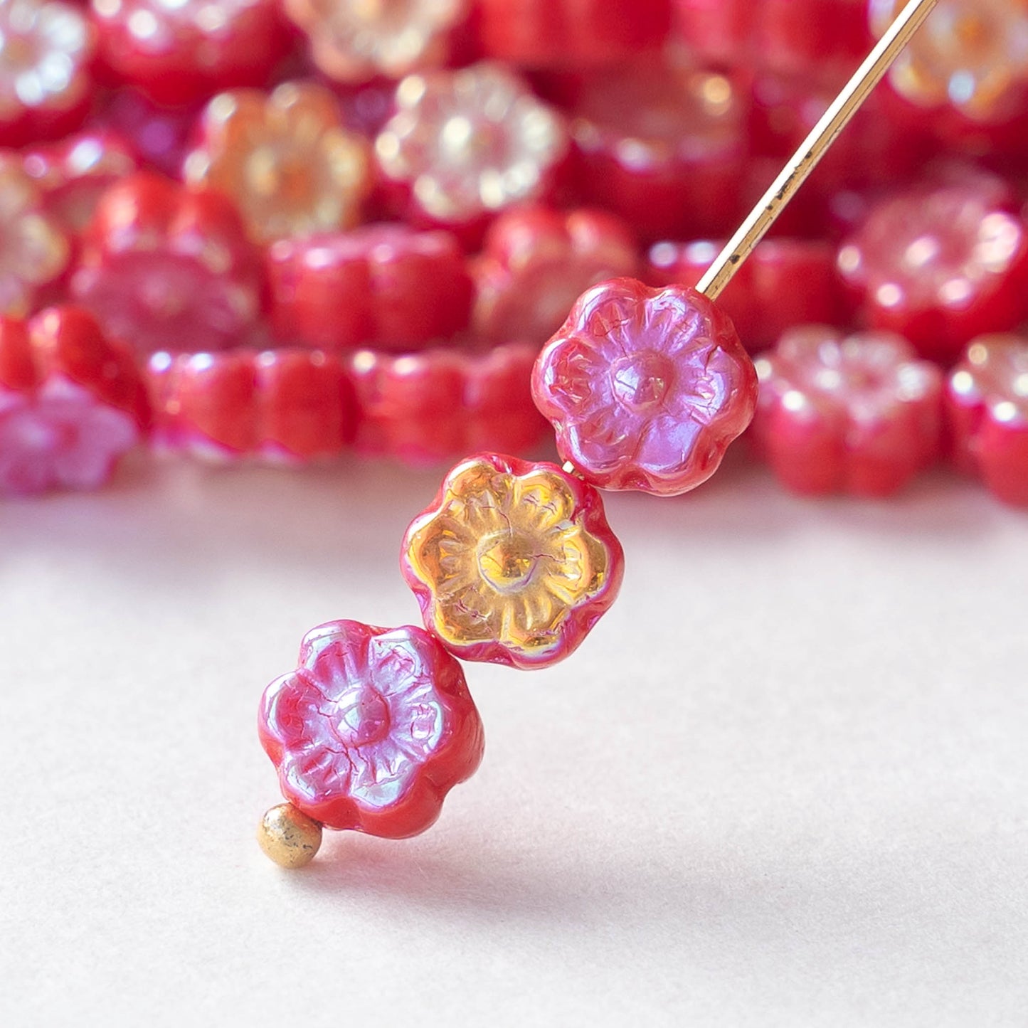 8mm Flower Beads - Opaque Red Luster AB - 20