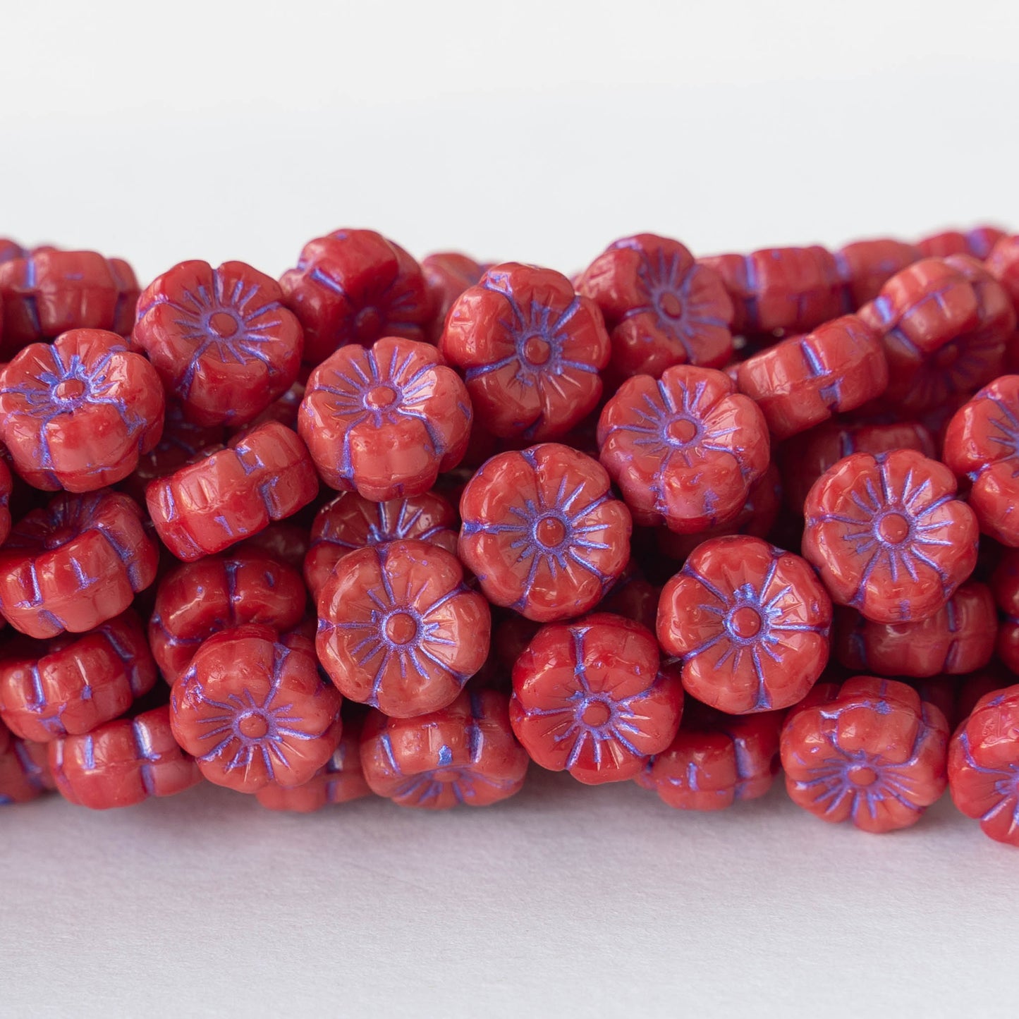 25 8mm Czech glass flower beads - bright Siam Red AB - pressed glass f –  Glorious Glass Beads