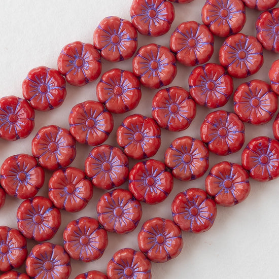 Load image into Gallery viewer, 8mm Glass Flower Beads - Red with Purple Wash - 20 beads
