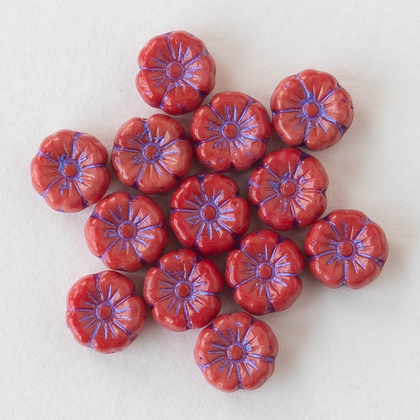 8mm Glass Flower Beads - Red with Purple Wash - 20 beads