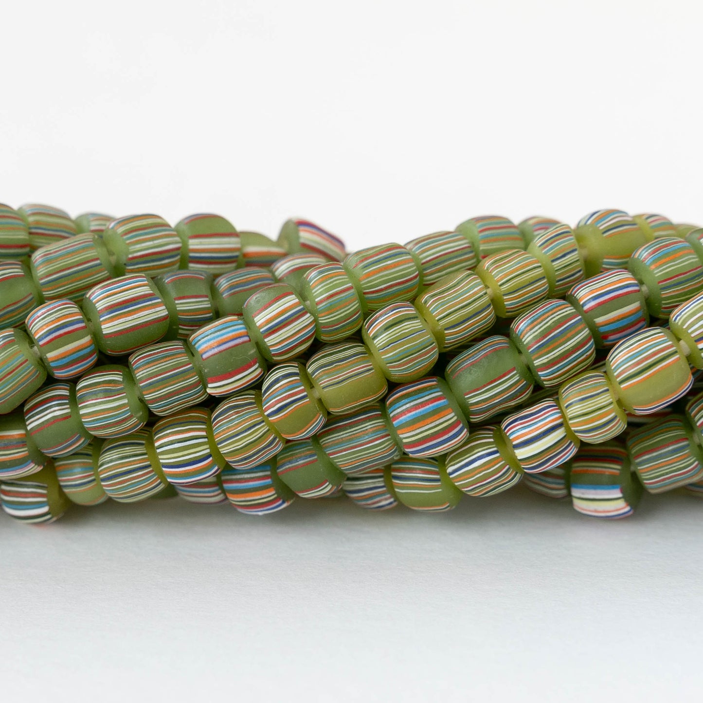 Glass Java Beads - Green with Stripes - Whole or Half Strand