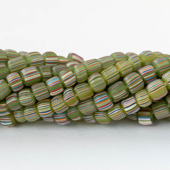Glass Java Beads - Green with Stripes - Whole or Half Strand